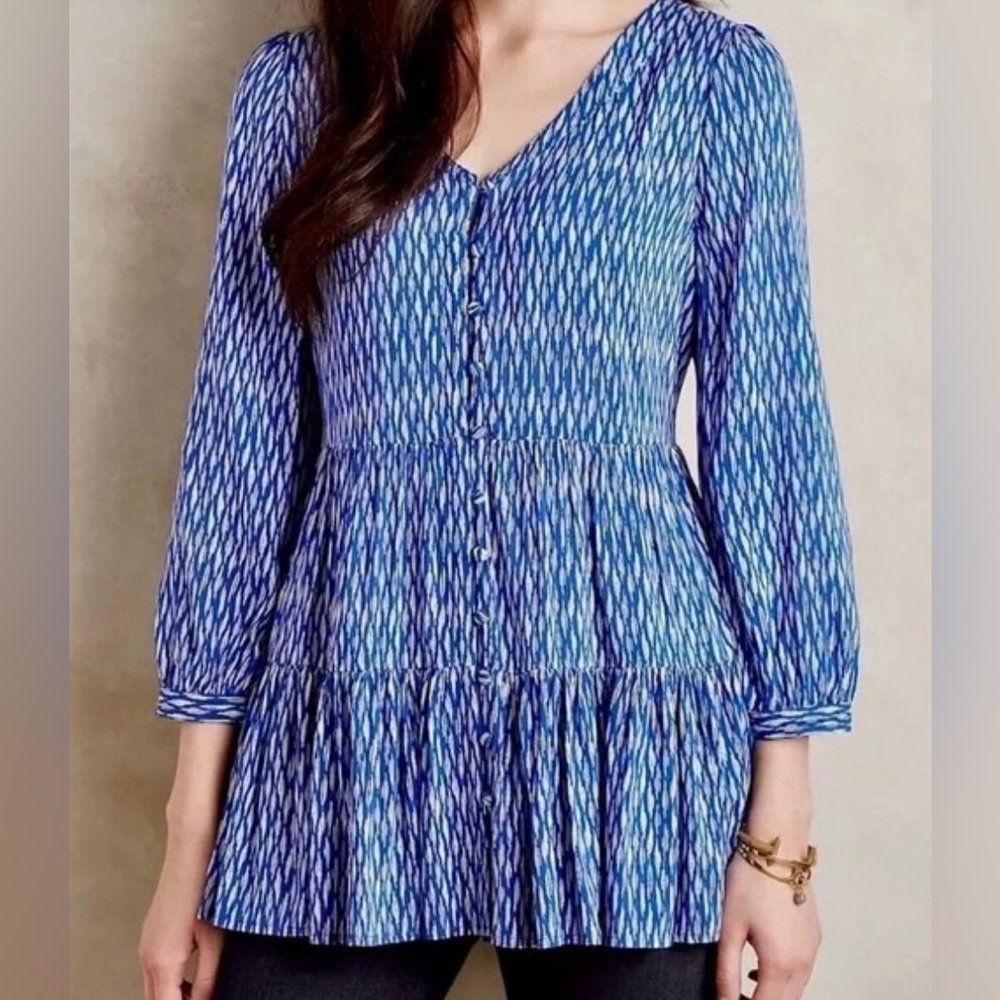Maeve by Anthropologie Lila Tiered Blue and White Button Down Blouse - Size L